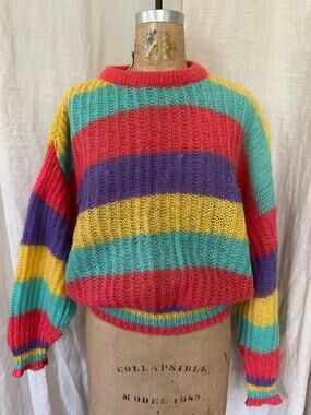 Vintage Oversized Multicolor Striped sweater Chunky boho Italian mohair sz L